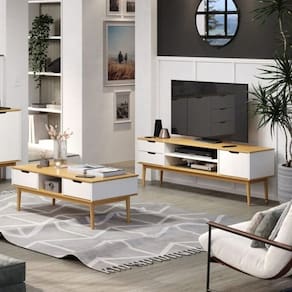 Conjunto Rack para TV até 55 Polegadas e Mesa de Centro em Madeira Maciça Nórdica Yescasa ROBLE/BRANCO
