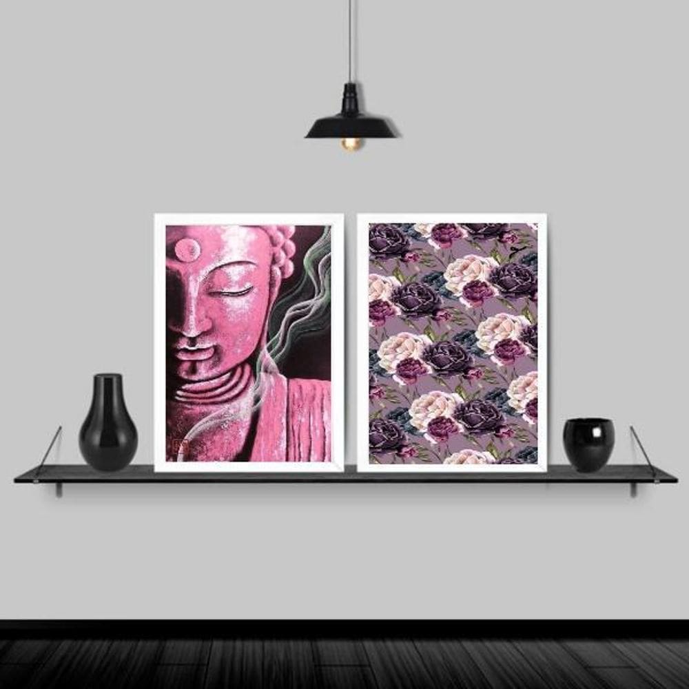 Kit 2 Quadros Buda Rosa Flores 33X24Cm Moldura Branca