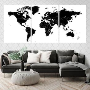 Kit 3 Quadros Mapa Mundi Preto 33X24 Vidro Moldura Branca