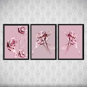 Kit 3 Quadros Flores Rosas 24x18cm - Vidro e Moldura Preta