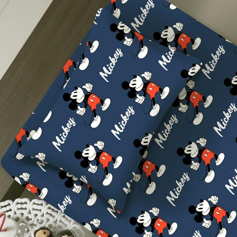 Jogo De Cama Portallar Solteiro Malha Mista 65% Algodão E 35% Poliéster Estampado Disney Mickey Mouse 2 Pçs Azul