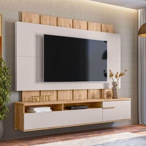 Painel Home Suspenso 70" Roma Ripado Portas Basculantes Carvalho Teca/off White Ártico