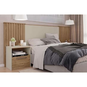 Painel Cama Box Madeirado Extensível Casal/Queen/King Lucius 2 Mesas c/ 1 Gaveta Buriti/Off White - Caemmun