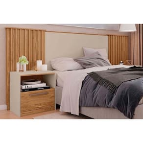 Painel Cama Box Madeirado Extensível Casal/Queen/King Lucius 2 Mesas c/ 1 Gaveta Freijo/Off White - Caemmun