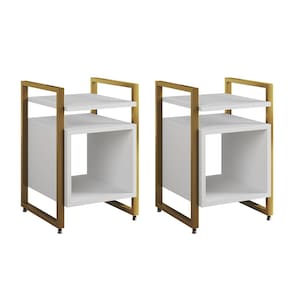 Kit 2 Mesas de Cabeceira Industrial Marrocos Ferro Dourado e Tampo Branco