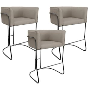 Kit 03 Banquetas Baixa Base De Aço Preto Betina D02 Linho Bege D-463 - Lyam Decor