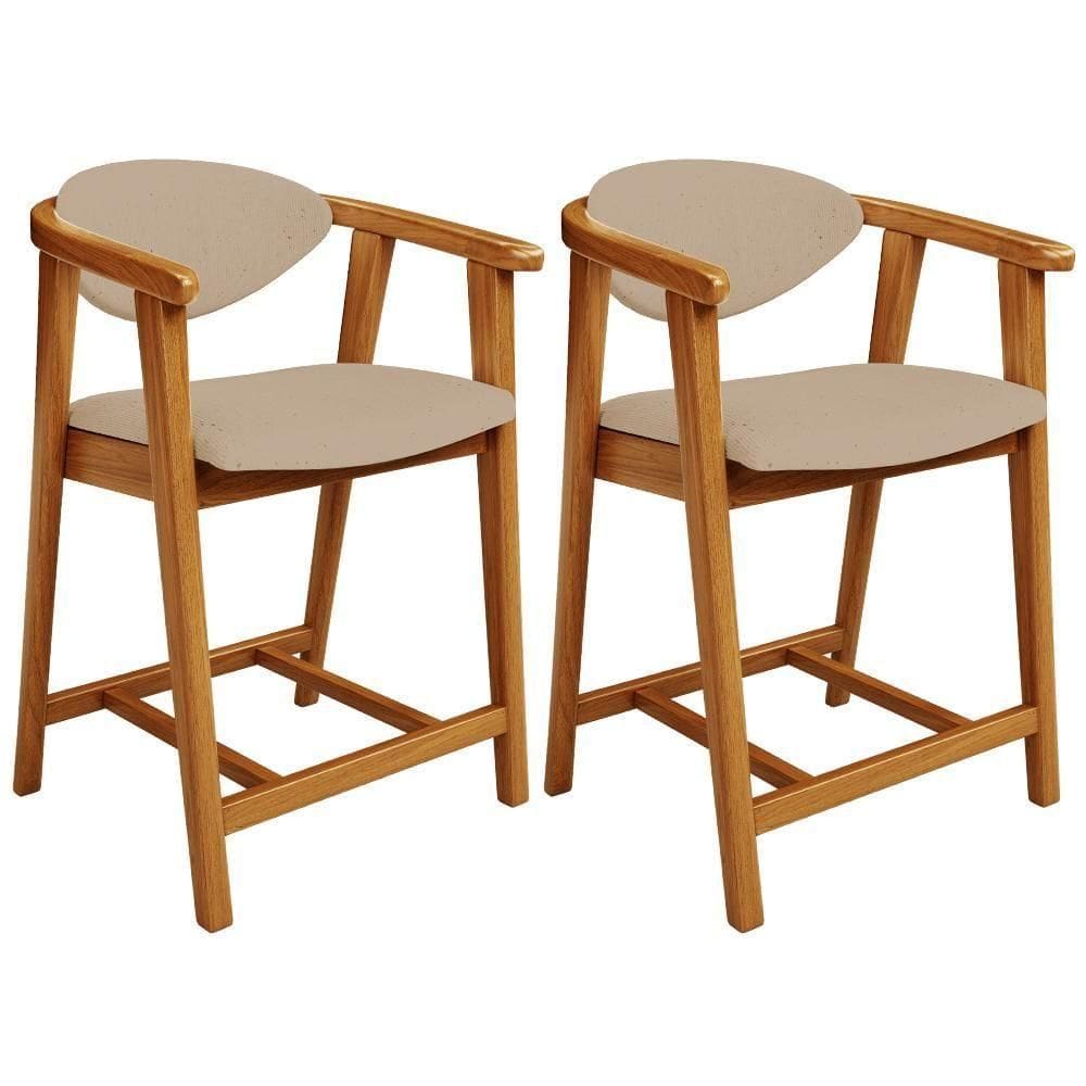 Kit 02 Banquetas Baixa Para Cozinha Sala Jantar Bancada Cecília L02 Linho Bege Escuro - Lyam Decor