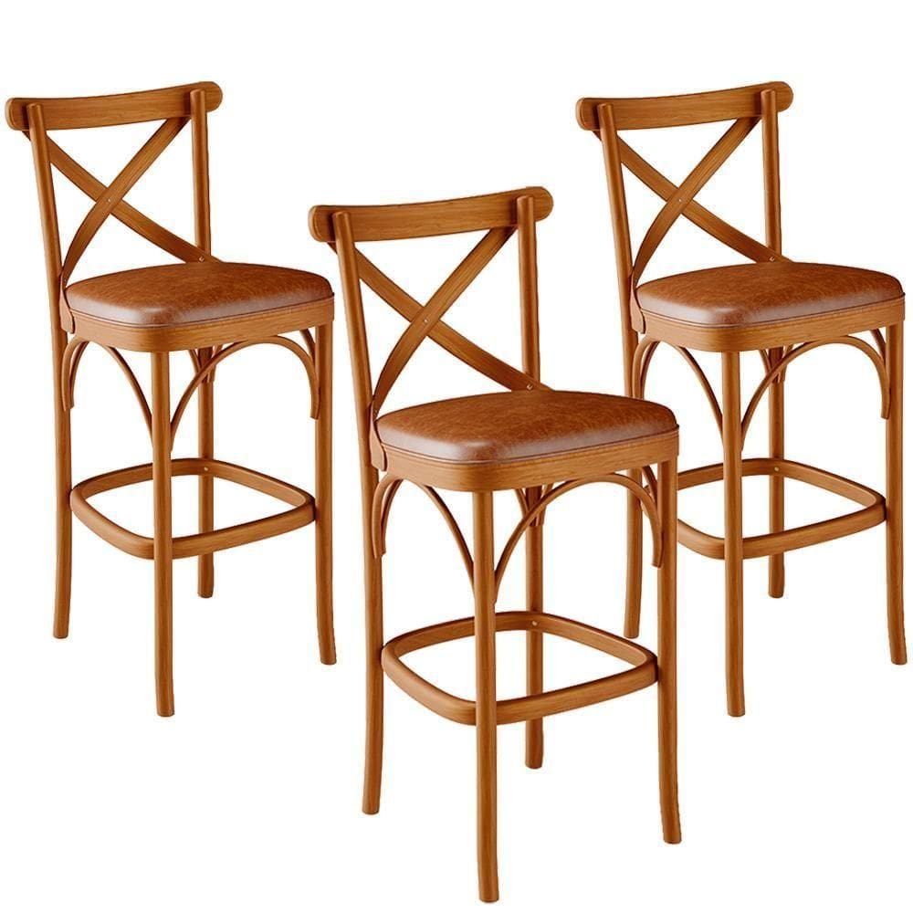 Kit 03 Banquetas Altas Cozinha Bancada Estofada ávila L02 Couríssimo Camel - Lyam