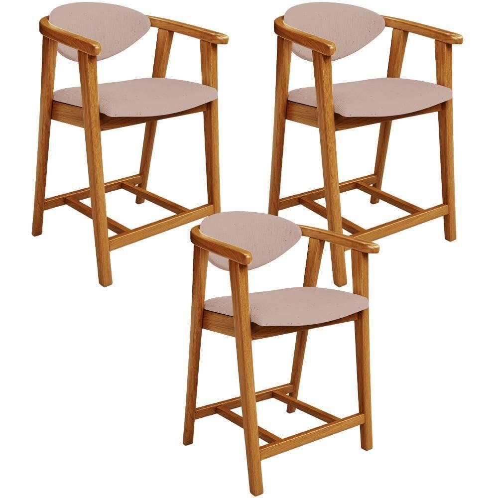 Kit 03 Banquetas Baixa Para Cozinha Sala Jantar Bancada Cecília L02 Linho Rosê - Lyam Decor