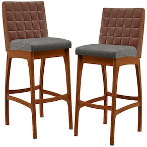 Kit 02 Banquetas Altas Sala Jantar Fixa Mila B04 Couríssimo Marrom Linho Cinza Escuro - Lyam Decor