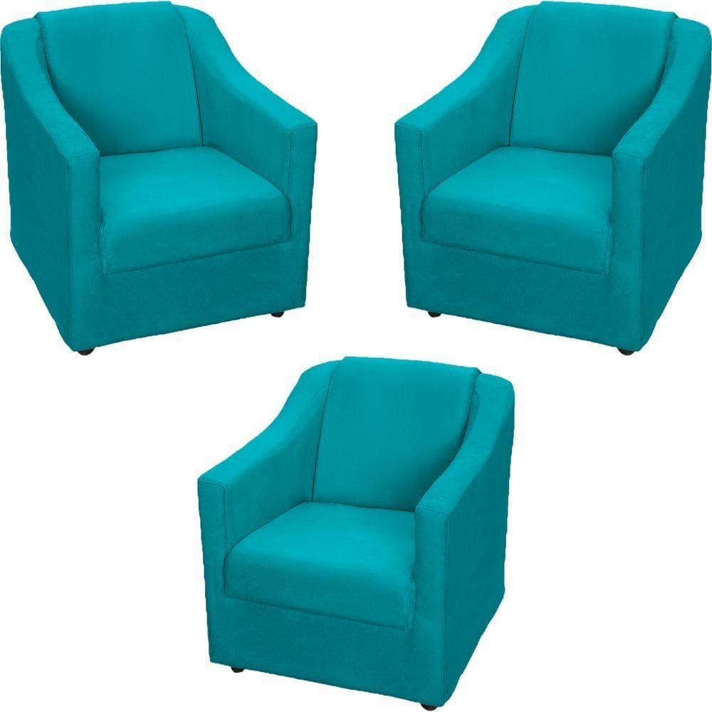 Kit 3 Poltronas Mila Pé De Plástico Cromado - Azul-turquesa Suede
