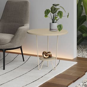 Mesa Lateral Redonda Industrial Italy Ferro Branco e Tampo Off-white