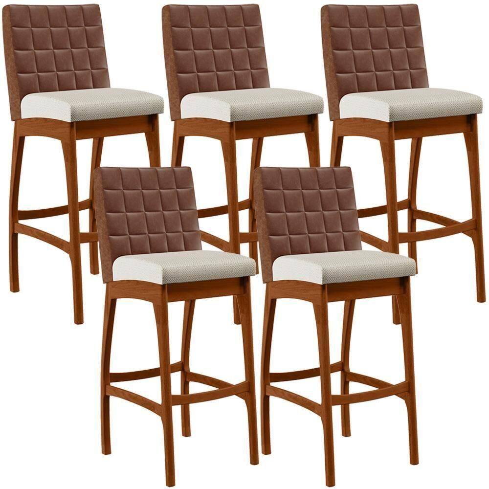 Kit 05 Banquetas Altas Mila Marrom Linho Champagne