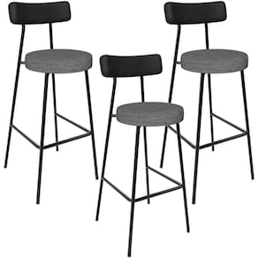 Kit 03 Banquetas Alta Cozinha Sala Jantar Milão L02 Couríssimo Preto Linho Cinza Escuro