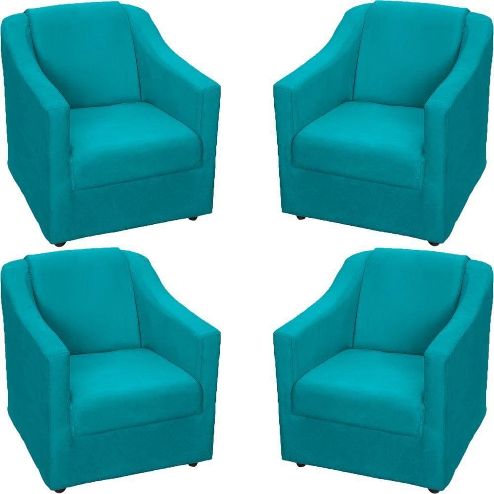 Kit 4 Poltronas Mila Pé De Plástico Cromado - Azul-turquesa Suede