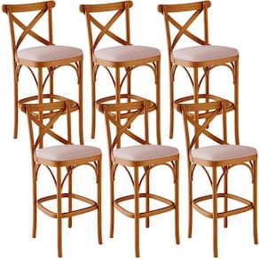 Kit 06 Banquetas Altas Cozinha Bancada Bar Sala De Jantar Estofada ávila L02 Linho Rosê - Lyam
