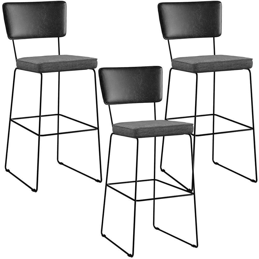 Kit 03 Banquetas Altas Preto Linho Cinza Escuro