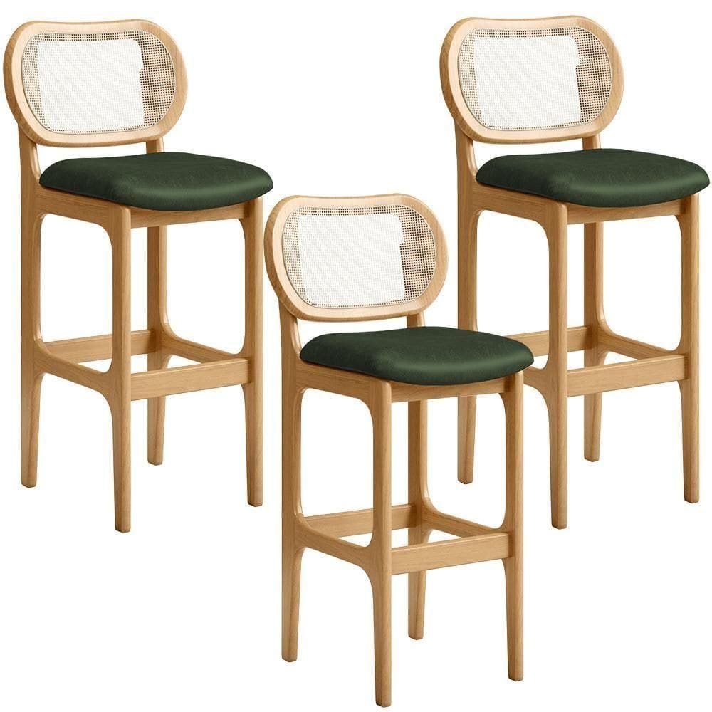 Kit 03 Banquetas Altas Para Cozinha Bancada Sala Tela Betta Fixa L02 Couríssimo Verde Musgo - Lyam