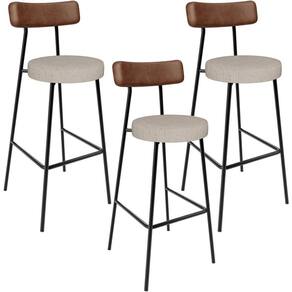 Kit 03 Banquetas Alta Cozinha Bar Sala Jantar Milão L02 Couríssimo Marrom Linho Bege