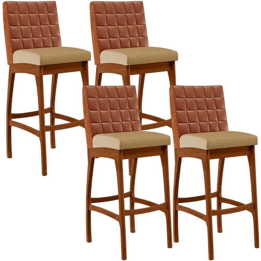 Kit 04 Banquetas Altas Mila Camel Linho Bege Escuro