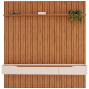 Painel Ripado Tv 75 Pol Com Bancada Suspensa 223x240cm Facile D05 Freijó