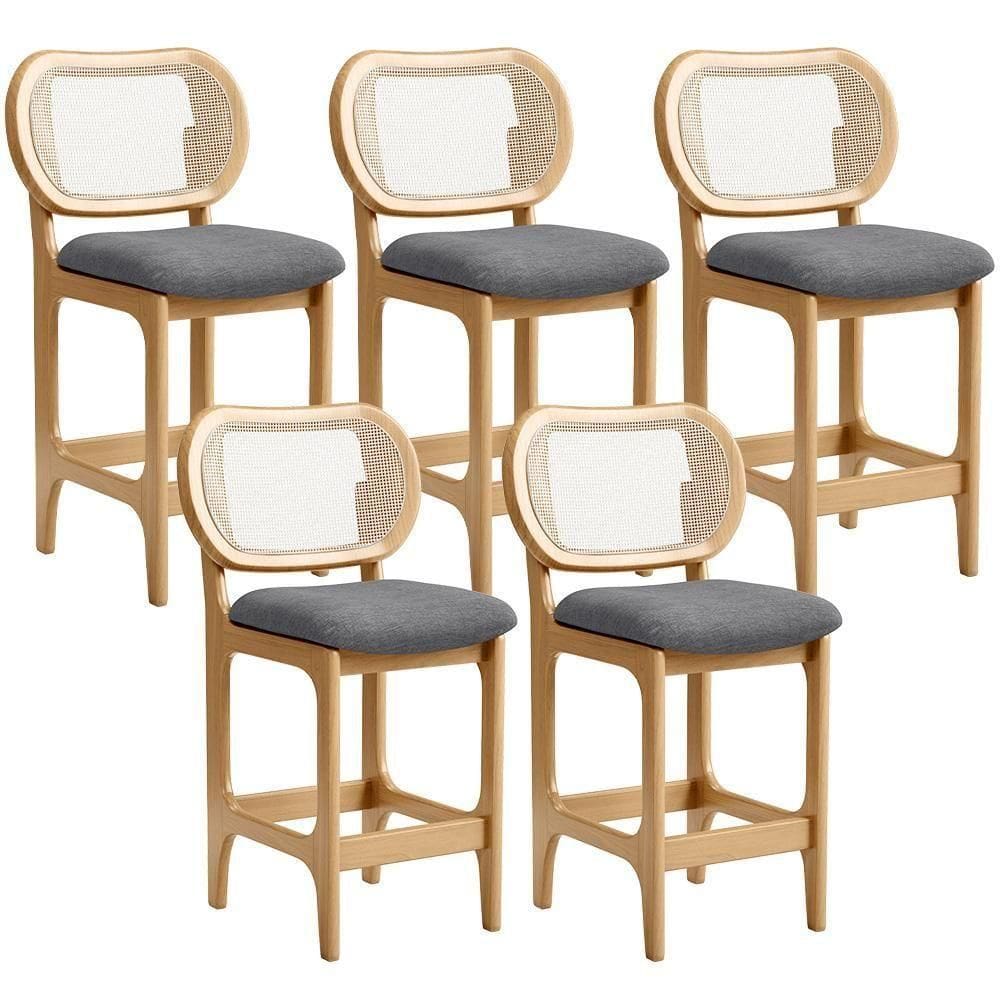 Kit 5 Banquetas Baixa Bar Cozinha Sala De Jantar Betta L02 Mel Tela Linho Cinza Escuro - Lyam Decor