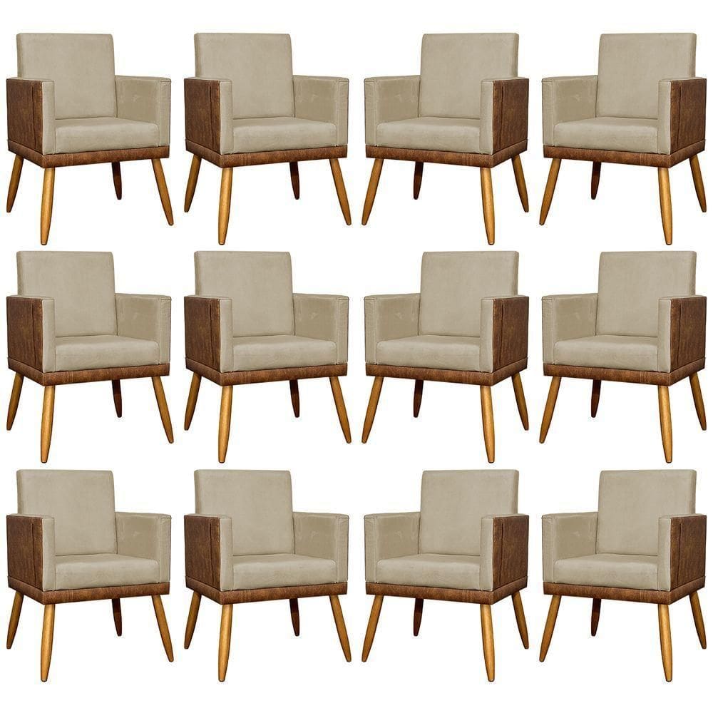 Kit 12 Poltronas Decorativas Para Escritório Lis Corino e Pé Palito - Nude Suede Corino