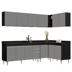 Armário De Cozinha Modulado De Canto 6 Peças Cp32 Balcão Com Tampo Preto-cinza - Lumil