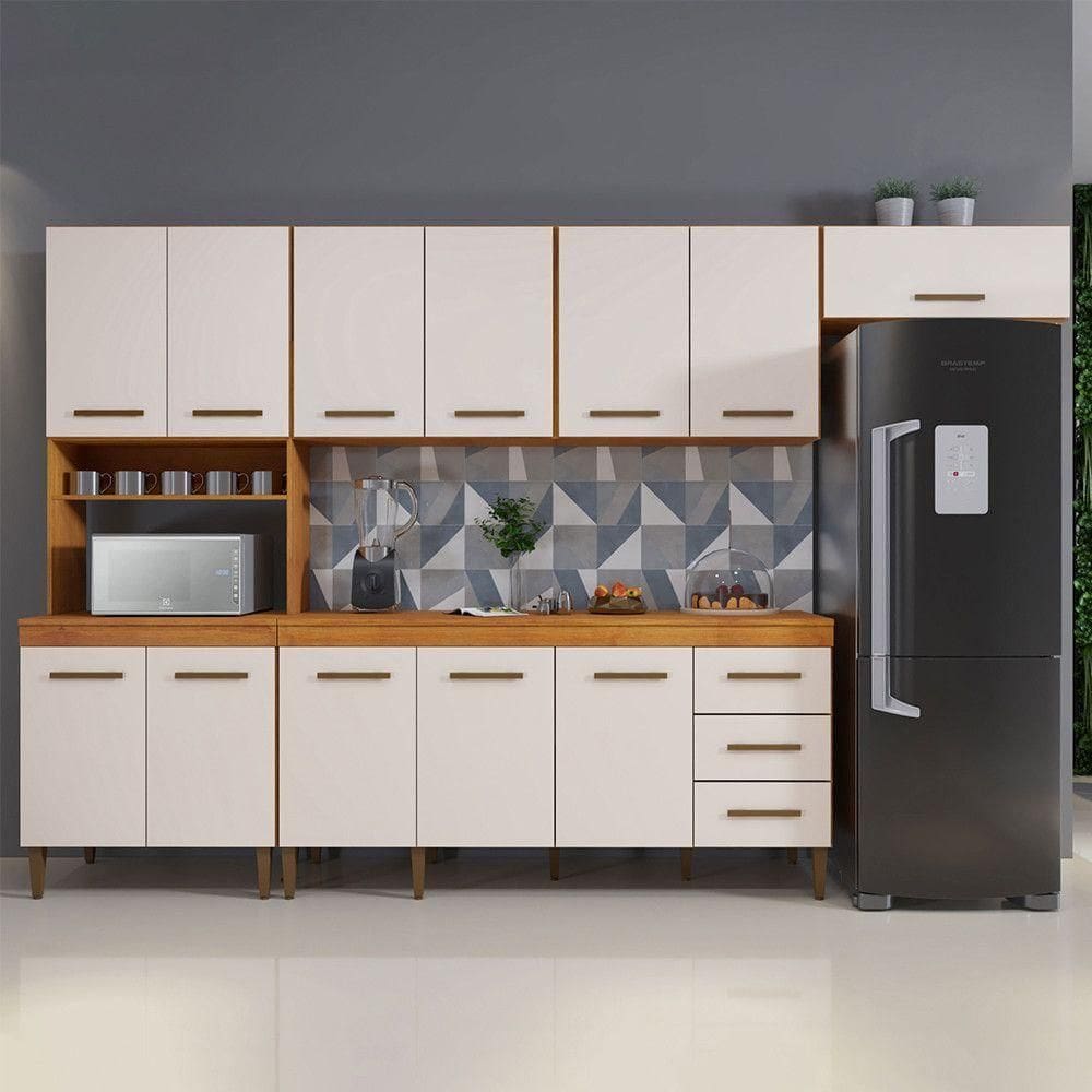 Cozinha Completa 12 Portas 3 Gavetas Atenas Naturalle Com Off White