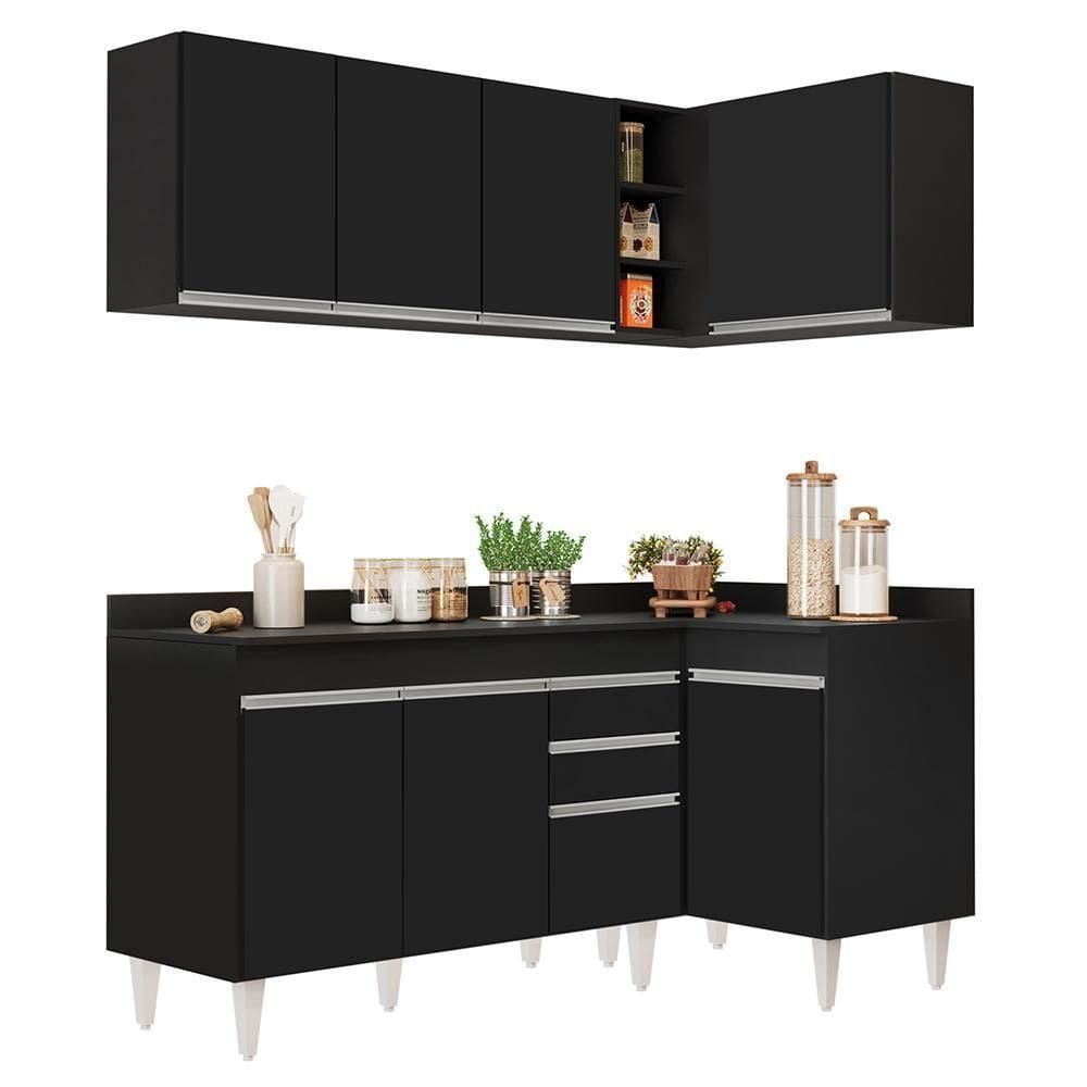 Armário De Cozinha Modulado De Canto Esquerdo 4 Peças Cp47 Balcão Com Tampo Preto - Lumil