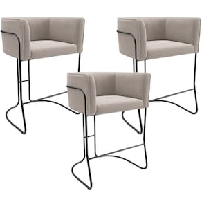 Kit 03 Banquetas Baixa Base De Aço Preto Betina D02 Bouclê Creme B-54 - Lyam Decor