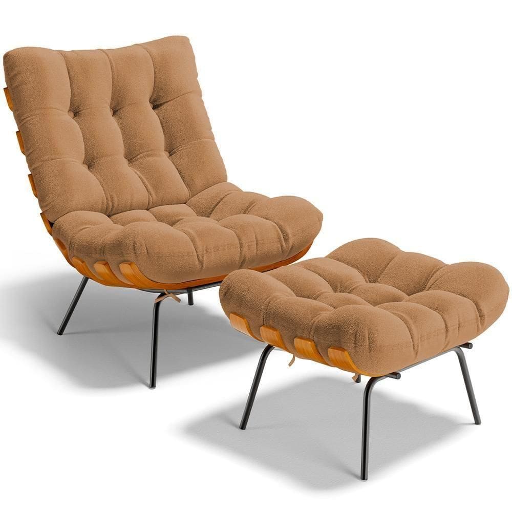 Poltrona Costela L02 Com Puff Bouclê Mostarda - Lyam Decor