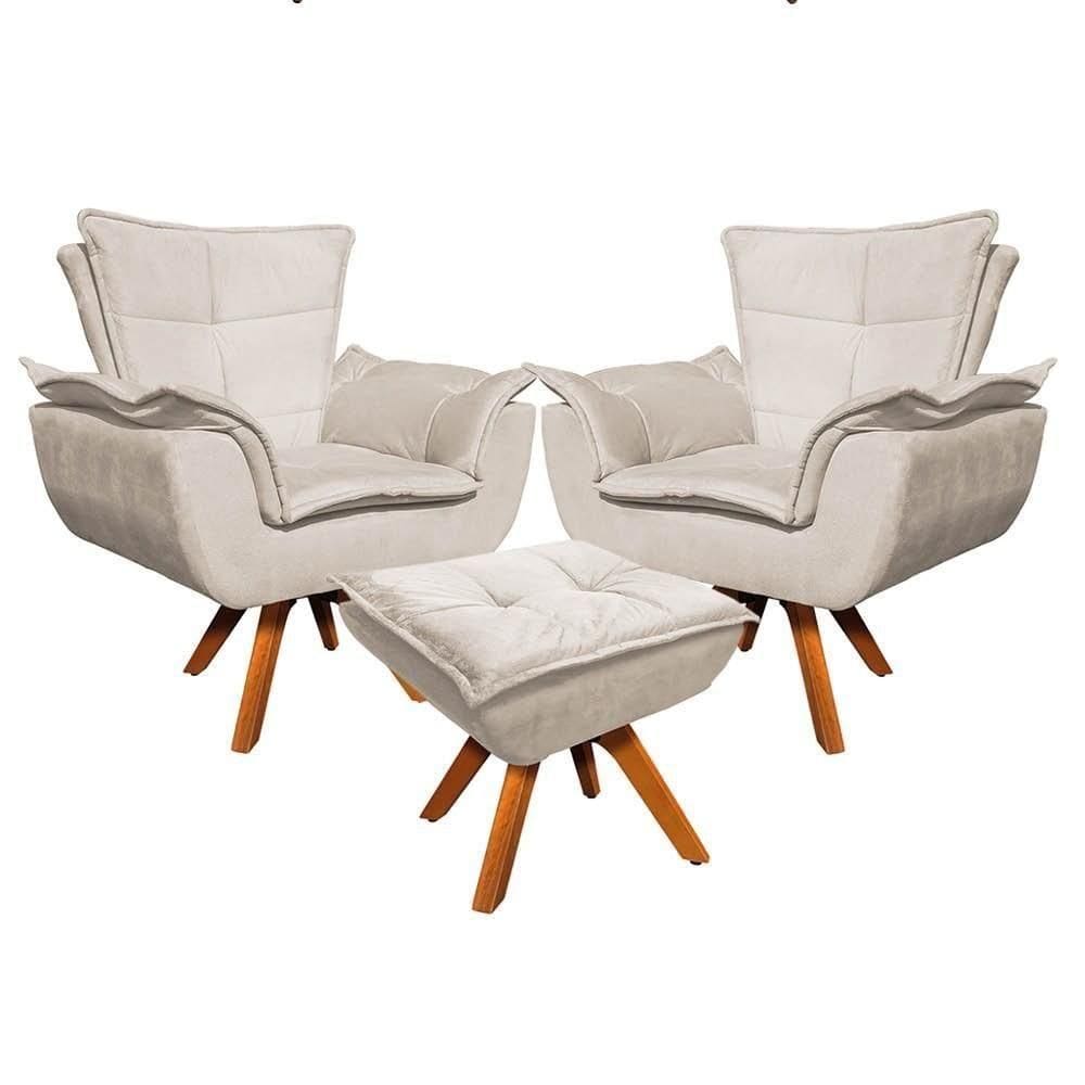 Kit 2 Poltronas Com Puff Suede Bege Ibiza