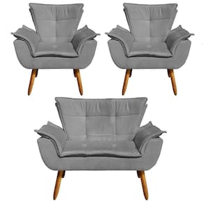 Kit Namoradeira 2 Lugares E 2 Poltronas Decorativas Pés Palito Opla Suede Grafite - Ibiza