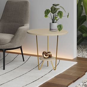 Mesa Lateral Redonda Industrial Italy Ferro Dourado e Tampo Off-white