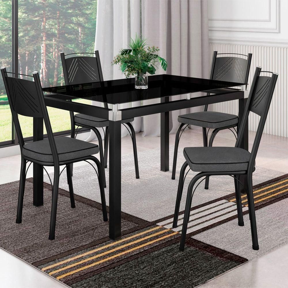 Conjunto De Mesa 4 Cadeiras Vidro Preto Fosco Platina