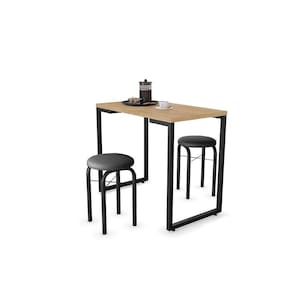 Mesa Multiuso 90 Cm Com 02 Banquetas Corino Preto