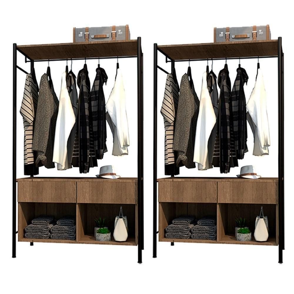 Kit 2 Guarda Roupas 90cm 2 Gavetas Demolição/Preto