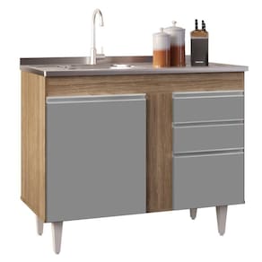 Balcão Gabinete 100cm 3 Portas 2 Gavetas Castanho/Cinza