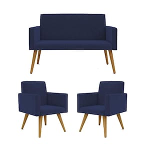 Kit Sofá Namoradeira + 2 Poltronas Decorativas azul Marinho