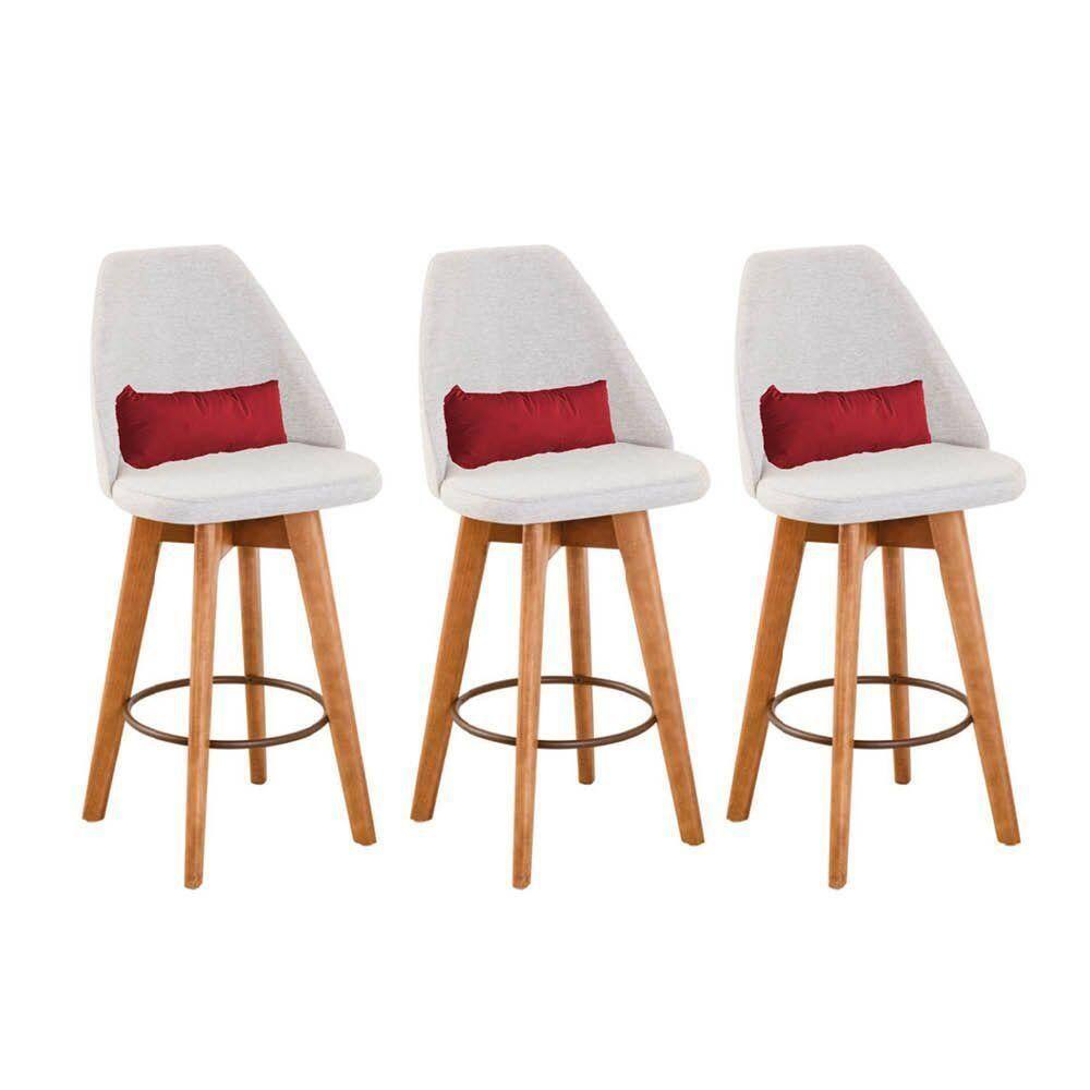 Kit 03 Banquetas Linho Bege E Almofada Suede Vermelho