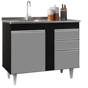 Balcão Gabinete 100cm 3 Portas 2 Gavetas Preto/Cinza