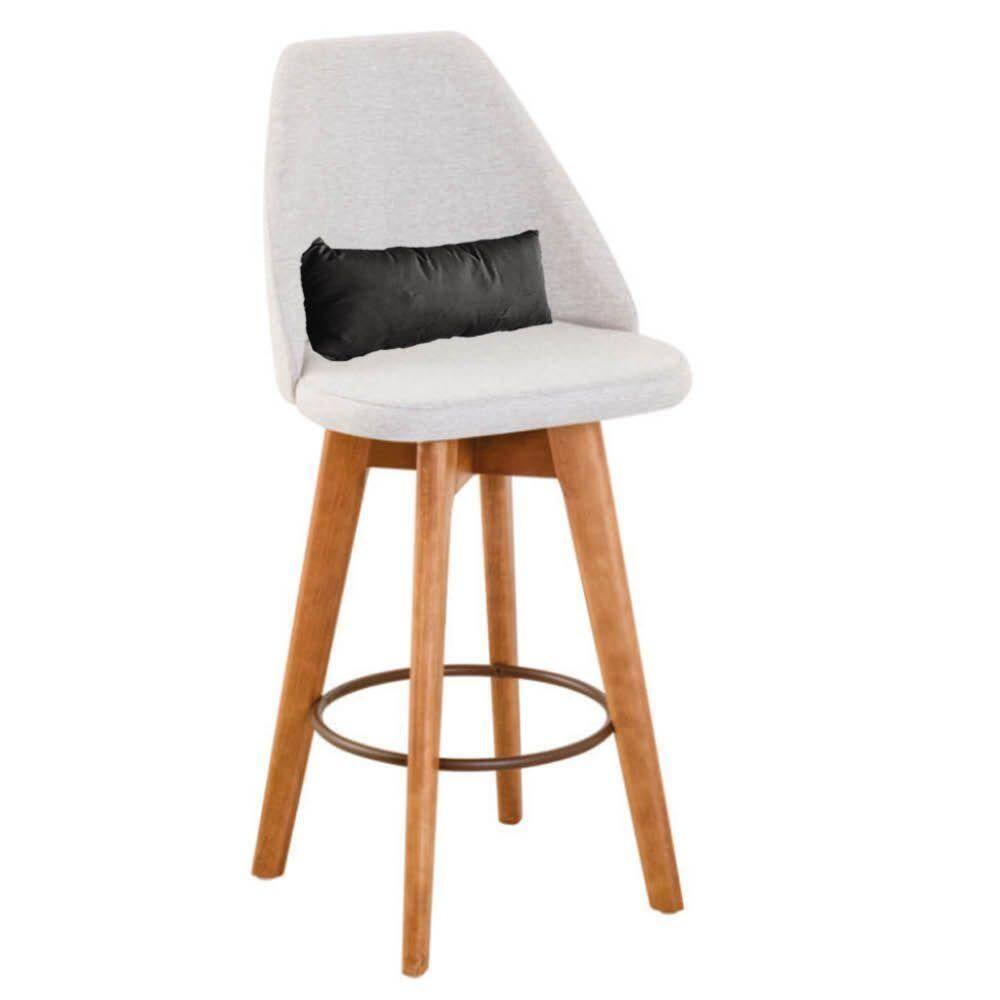 Banqueta Com Encosto Linho Bege E Almofada Suede Cinza