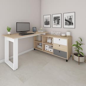 Mesa De Computador Em L Barcelona Carvalho Grafito Branco