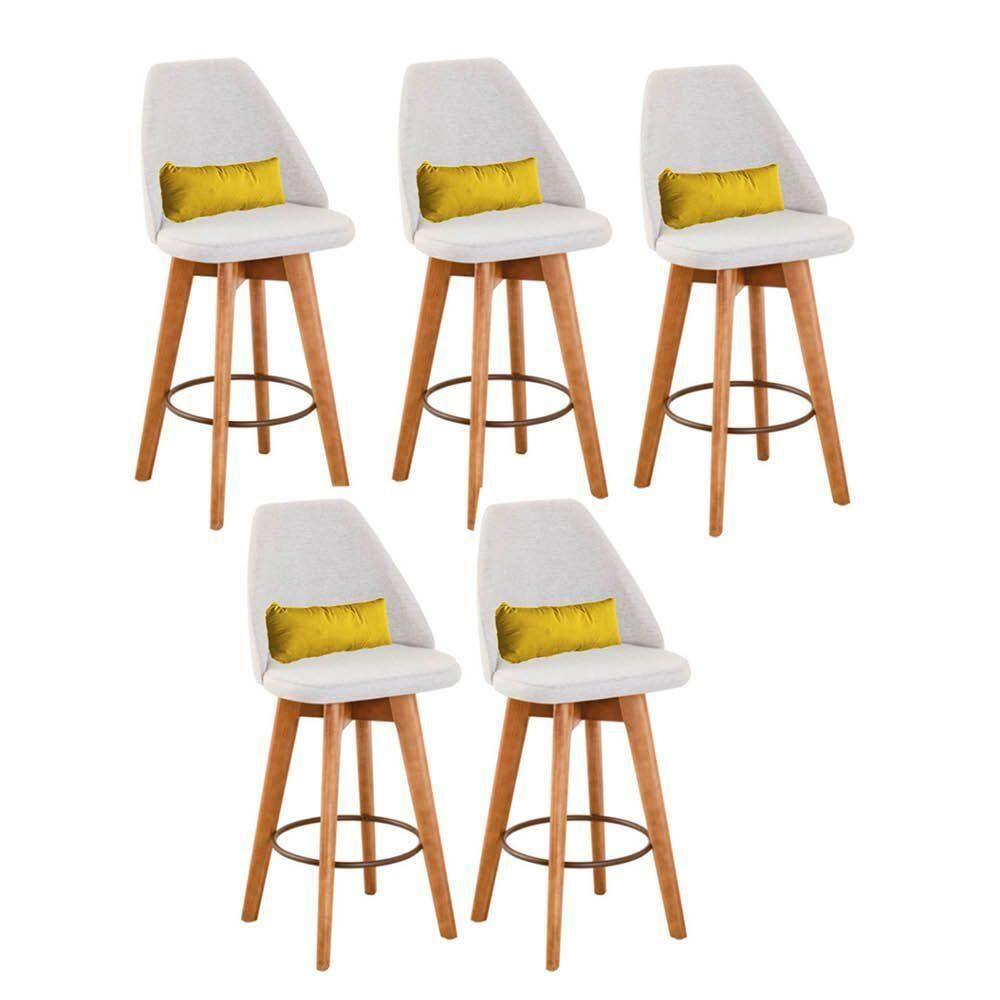 Kit 05 Banquetas Linho Bege E Almofada Sintético Amarelo
