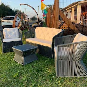 Conjunto De Sofá Em Corda Náutica Bambu - 1 Sofá 2l + 2 Poltronas + 1 Mesa Centro - Tecido Duna Cru