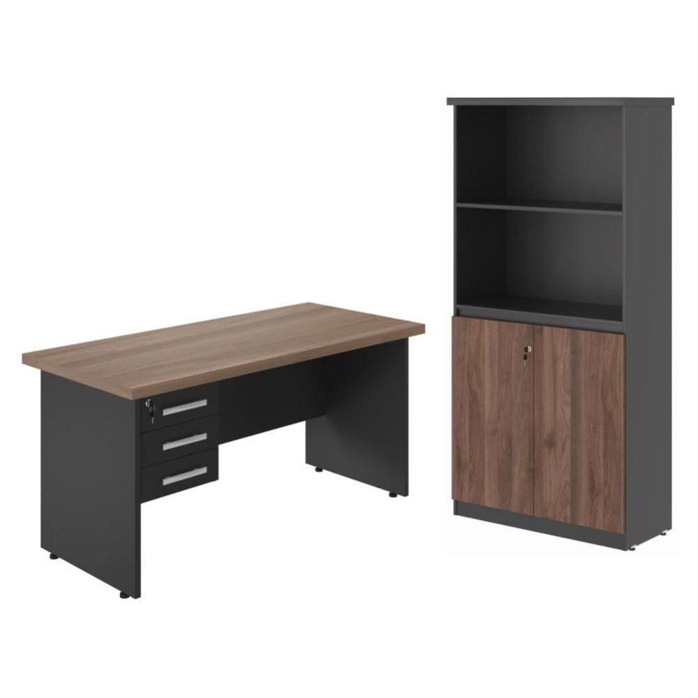 Conjunto De Mesa E Armário Estante Cruzeiro Noce Preto