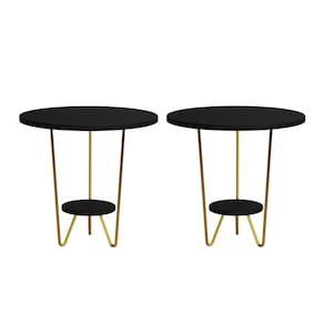 Kit 2 Mesas Laterais Redonda Industrial Italy Ferro Dourado e Tampo Preto