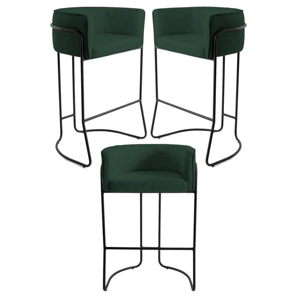 Kit 3 Banquetas Base Aço Preto Betina B-303 Veludo Verde Musgo - Domi