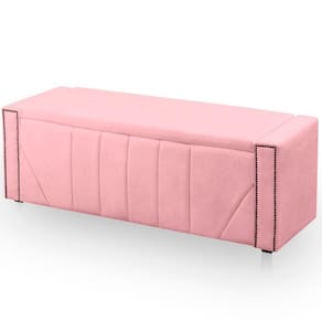 Calçadeira Baú Casal King Size Estofada Toronto Veludo Cor Rosa Bebe